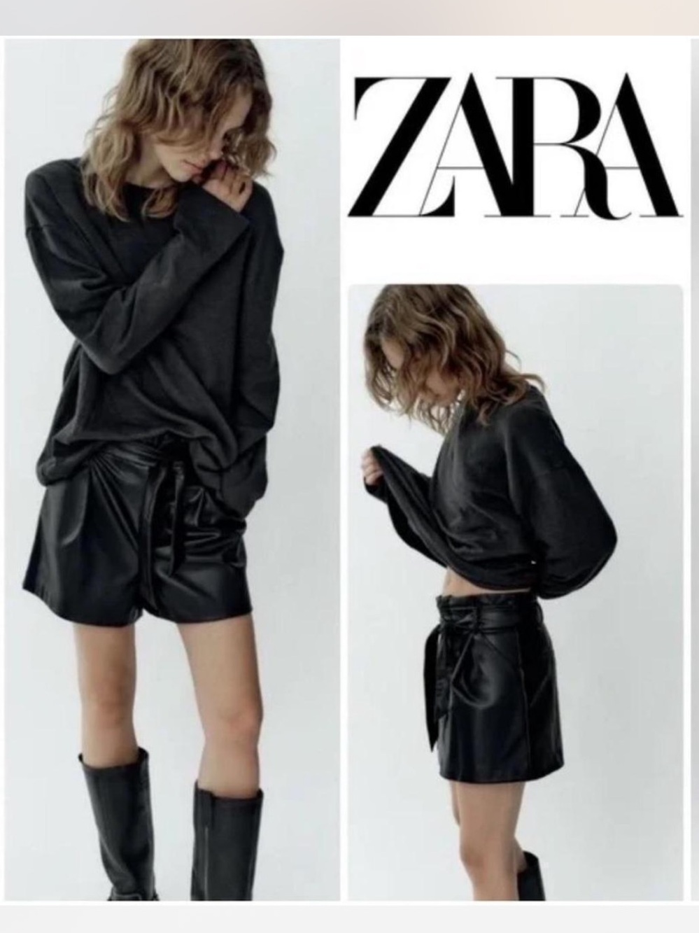 ZARA Black Black Leather-Effect Tie-Waist Shorts